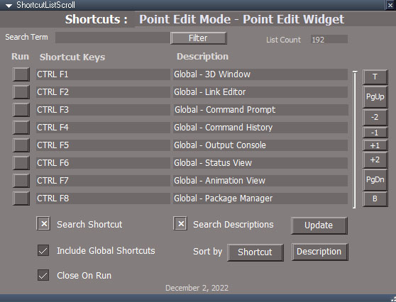 shortcut list runner panel